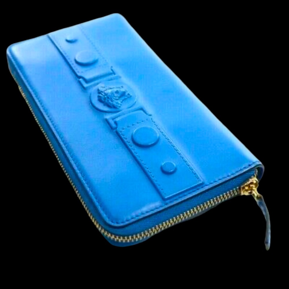 NWT Versace Long Zip Around Calf Leather  Blue Wallet